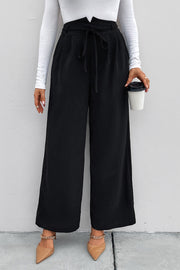 High Waist Ruched Tie Front Wide Leg Pants Trendsi