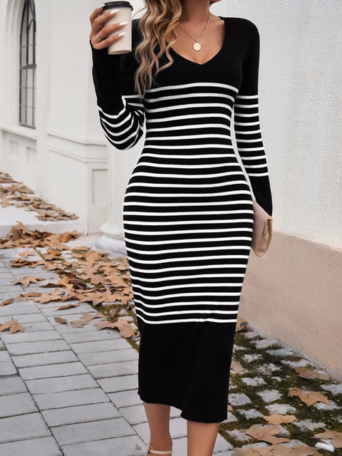 Striped V-Neck Long Sleeve Sweater Dress Trendsi