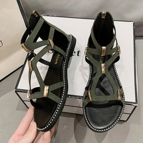 Open Toe Back Zipper Flat Sandals Trendsi