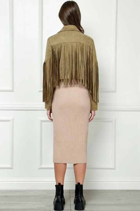 Veveret Suede Fringe Long Sleeve Moto Jacket Trendsi