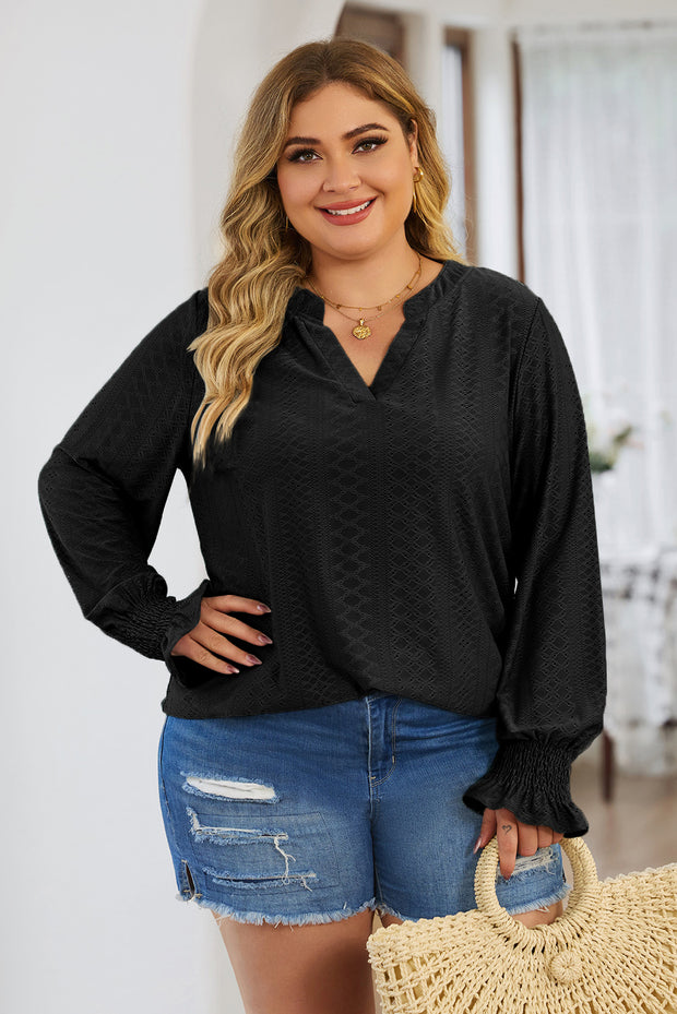 Plus Size Eyelet Notched Flounce Sleeve Blouse Trendsi