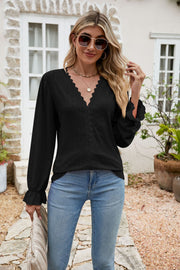 Eyelet Lace Trim Flounce Sleeve Blouse Trendsi