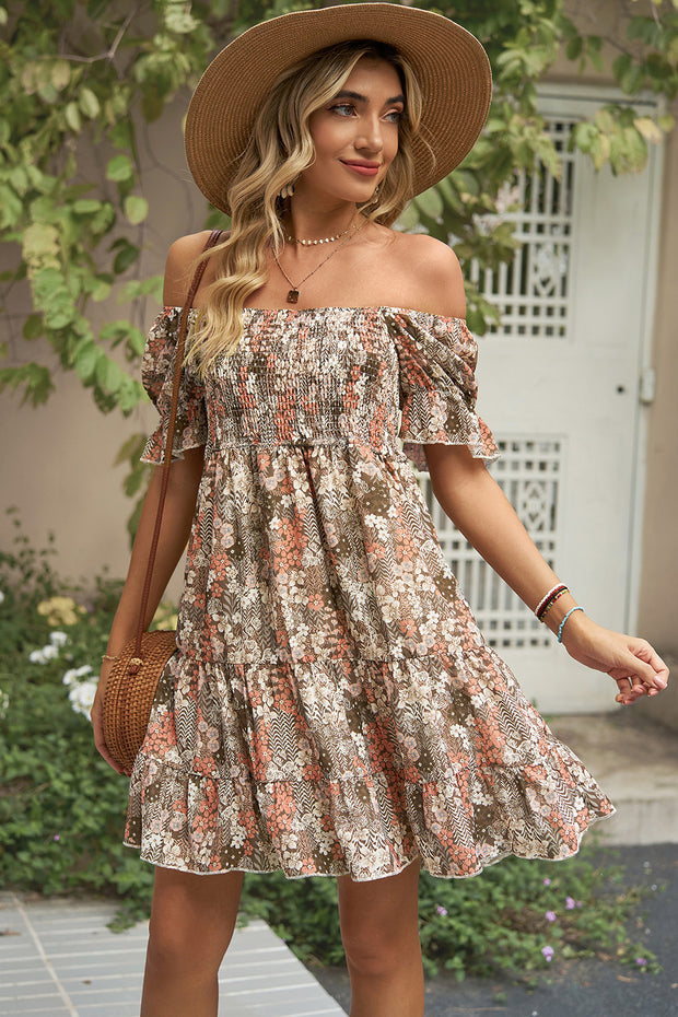 Smocked Printed Flounce Sleeve Mini Dress Trendsi