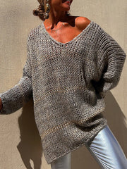 Openwork V-Neck Long Sleeve Sweater Trendsi