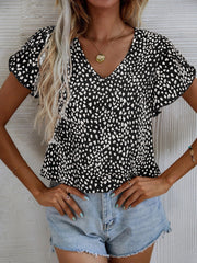 Printed V-Neck Petal Sleeve Blouse Trendsi