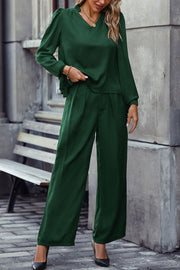 V-Neck Long Sleeve Top and Wide Leg Pants Set