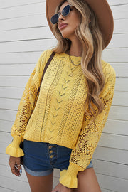 Openwork Lantern Sleeve Dropped Shoulder Sweater Trendsi