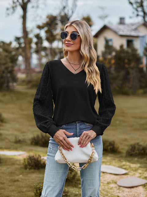 Swiss Dot V-Neck Long Sleeve Blouse Trendsi