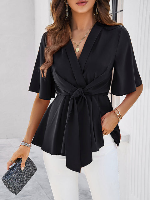 Surplice Tie Waist Half Sleeve Blouse Trendsi