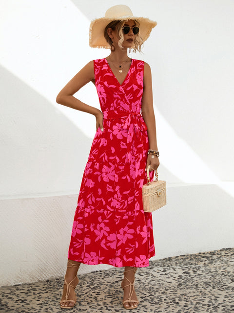 Tied Printed Surplice Tiered Dress Trendsi