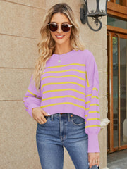 Round Neck Striped Lantern Sleeve Sweater