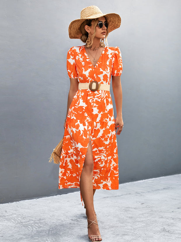 V-Neck Short Sleeve High Slit Midi Dress Trendsi