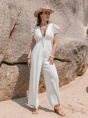 Lace Detail Plunge Cap Sleeve Jumpsuit Trendsi