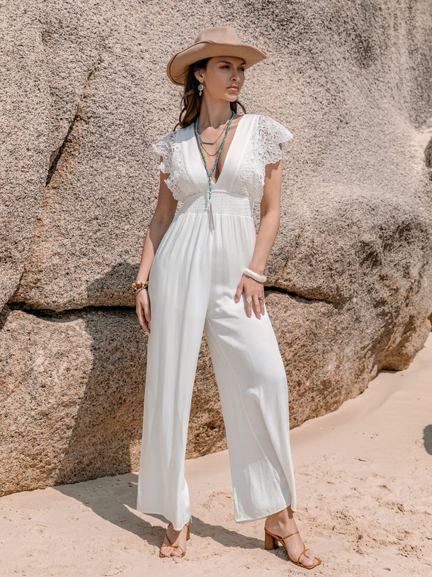 Lace Detail Plunge Cap Sleeve Jumpsuit Trendsi