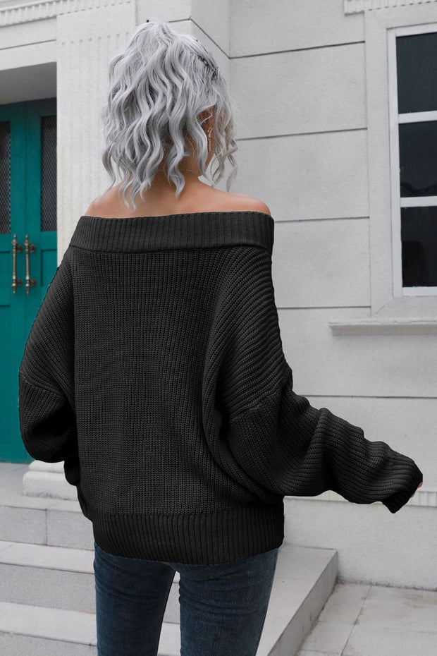 Off-Shoulder Ribbed Long Sleeve Pullover Sweater Trendsi