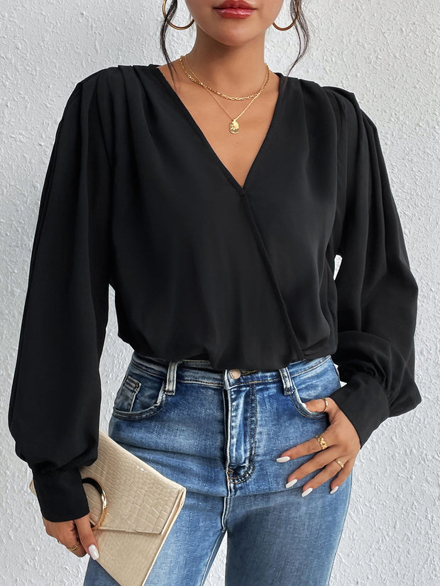 Surplice Ruched Long Sleeve Bodysuit Trendsi