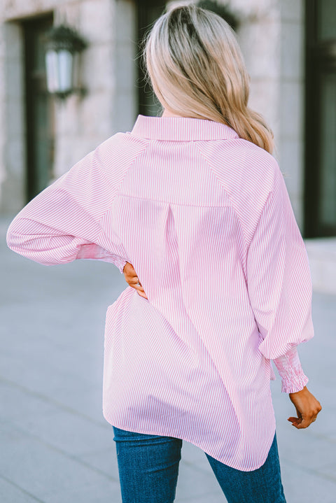 Striped Lantern Sleeve Collared Shirt Trendsi