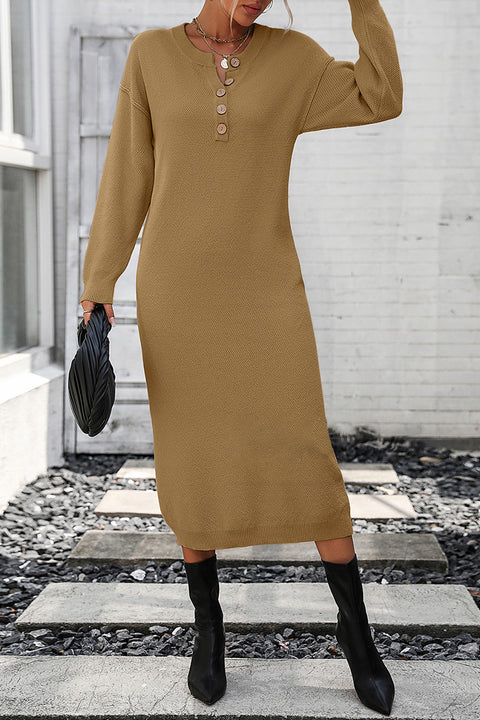 Decorative Button Notched Dropped Shoulder Sweater Dress Trendsi