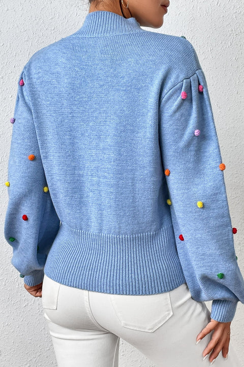 Pom-Pom Trim Mock Neck Long Sleeve Pullover Sweater Trendsi