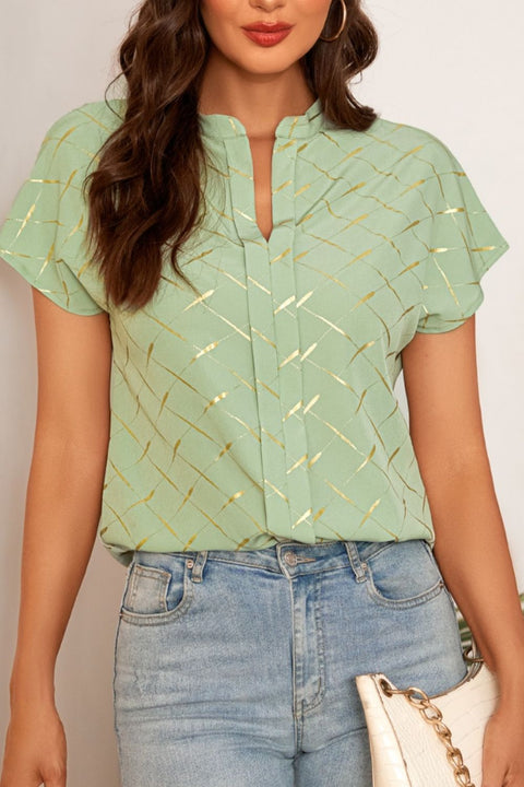 Printed Notched Short Sleeve Blouse Trendsi