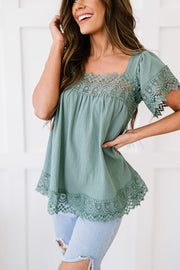 Lace Detail Square Neck Short Sleeve Blouse Trendsi