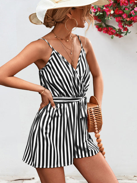 Striped Tie Waist Spaghetti Strap Romper Trendsi