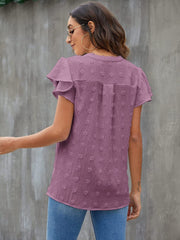 Swiss Dot Notched Flutter Sleeve Blouse