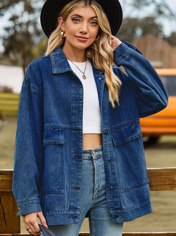 Dropped Shoulder Denim Jacket with Pockets Trendsi