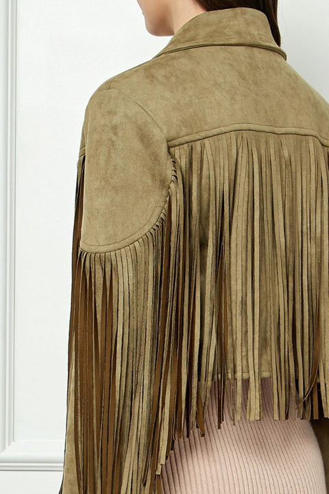 Veveret Suede Fringe Long Sleeve Moto Jacket Trendsi