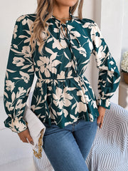 Printed Tie Neck Flounce Sleeve Blouse Trendsi