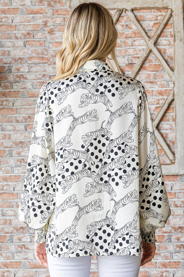 First Love Tiger Print Collared Neck Long Sleeve Satin Shirt Trendsi