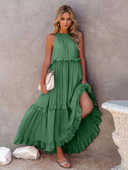 Ruffled Sleeveless Tiered Maxi Dress with Pockets Trendsi