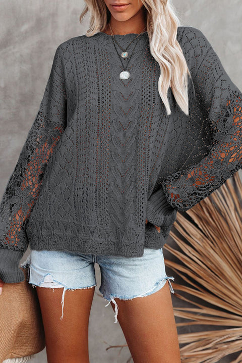 Openwork Lantern Sleeve Dropped Shoulder Sweater Trendsi