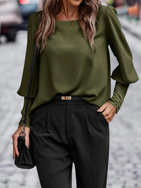 Round Neck Lantern Sleeve Blouse Trendsi