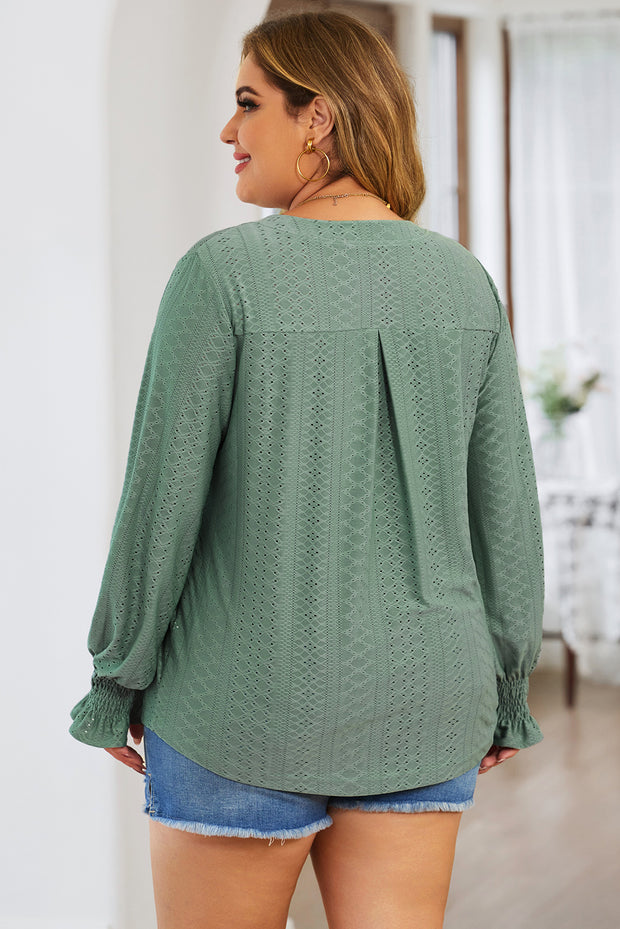 Plus Size Eyelet Notched Flounce Sleeve Blouse Trendsi