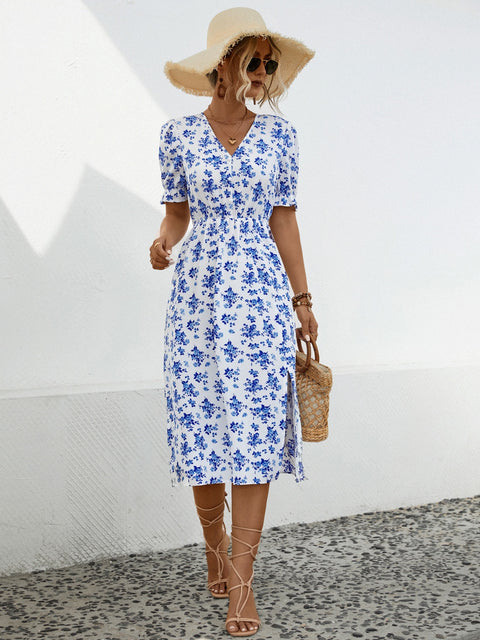 Slit Printed V-Neck Short Sleeve Dress Trendsi