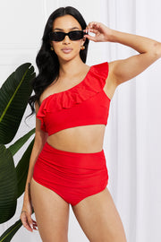 Marina West Swim Seaside One Piece Romance Ruffle One-Shoulder Bikini in Red Trendsi