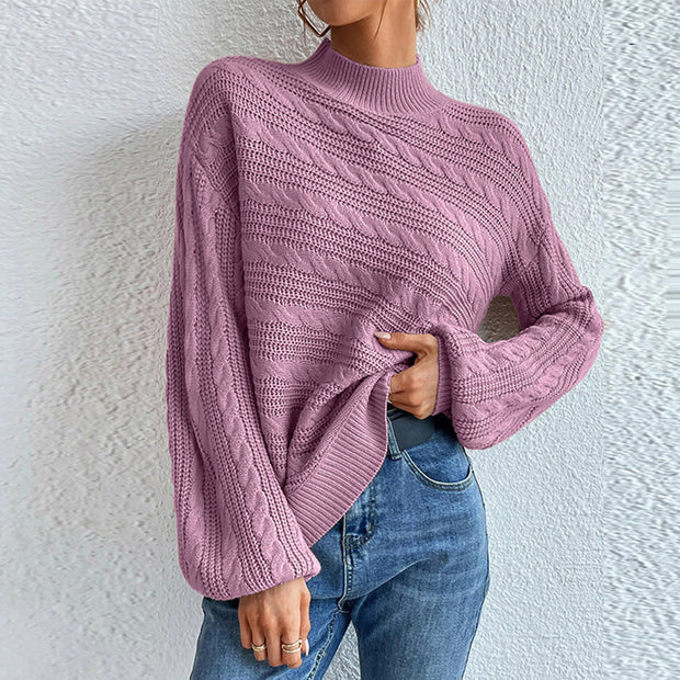 Cable-Knit Mock Neck  Long Sleeve Sweater Trendsi