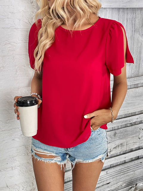 Round Neck Slit Short Sleeve Top Trendsi