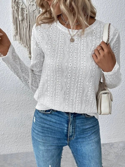 Eyelet Round Neck Long Sleeve Blouse Trendsi