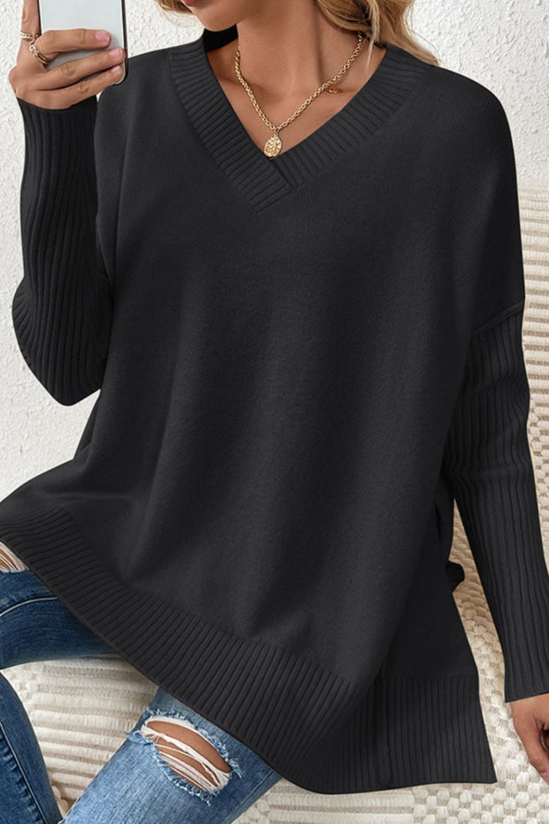 Slit V-Neck Dropped Shoulder Sweater Trendsi