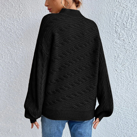 Cable-Knit Mock Neck  Long Sleeve Sweater Trendsi