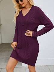 Cable-Knit V-Neck Mini Sweater Dress Trendsi