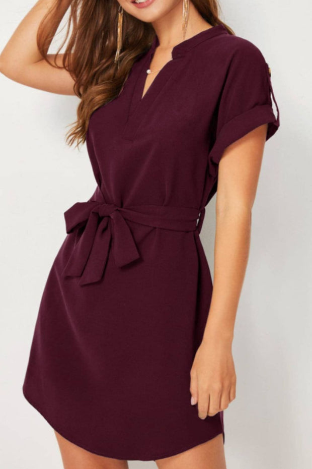 Tied Notched Short Sleeve Dress Trendsi