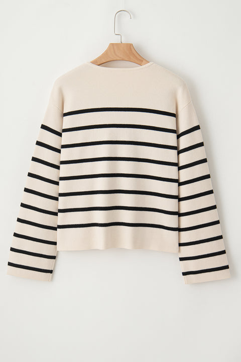 Striped Button Up Round Neck Cardigan Trendsi