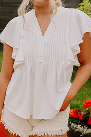 Pleated V-Neck Cap Sleeve Blouse Trendsi