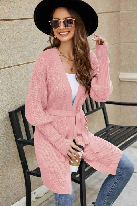 Open Front Lantern Sleeve Cardigan Trendsi