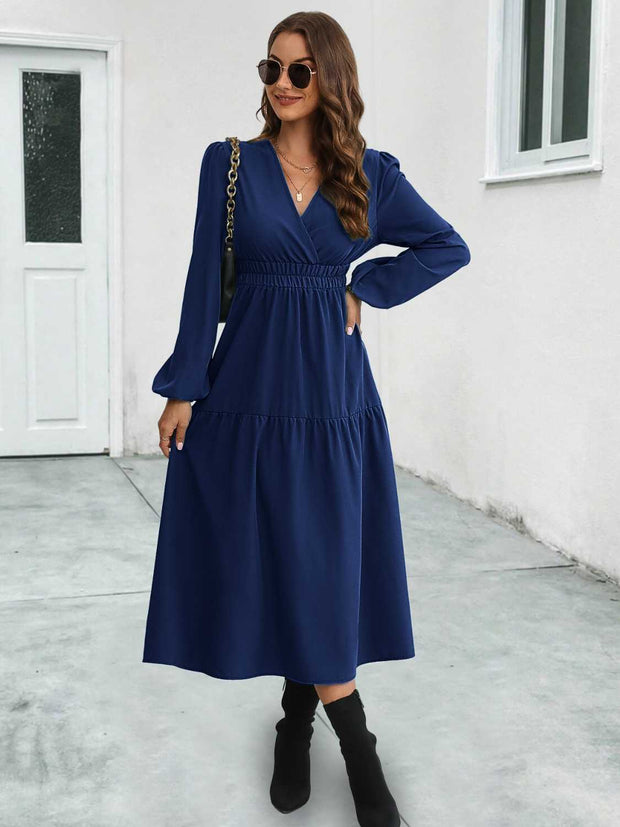 Surplice Neck Long Sleeve Midi Dress Trendsi