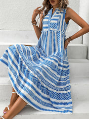 Frill Printed Notched Sleeveless Dress Trendsi