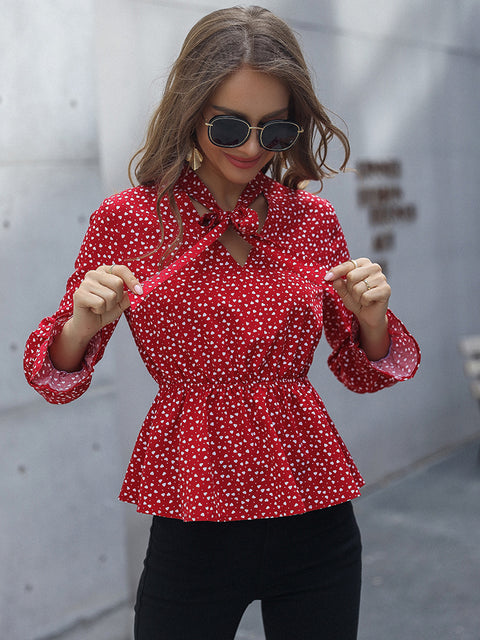 Printed Flounce Sleeve Peplum Blouse